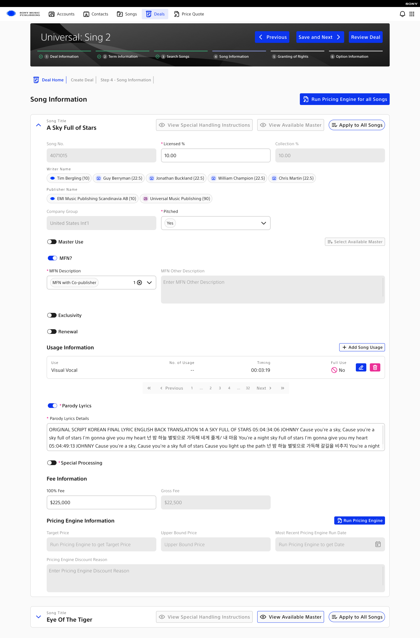 Production song information screen showing licensing, writers, publishers, usage, and fee information